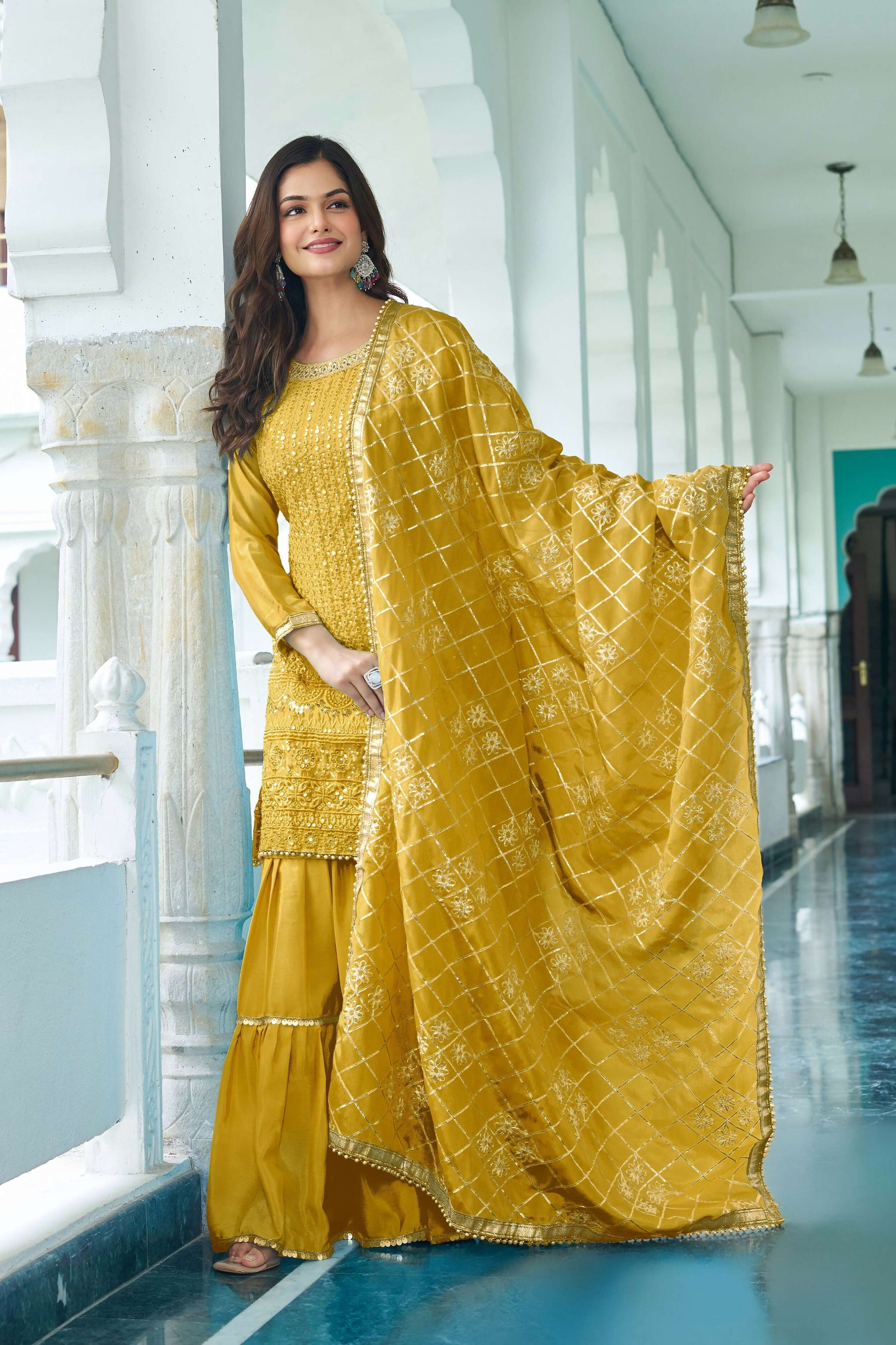 Teeya Creation Yellow Color Chinon Silk Heavy Embroidery Work Fully Stitched Salwar Suit