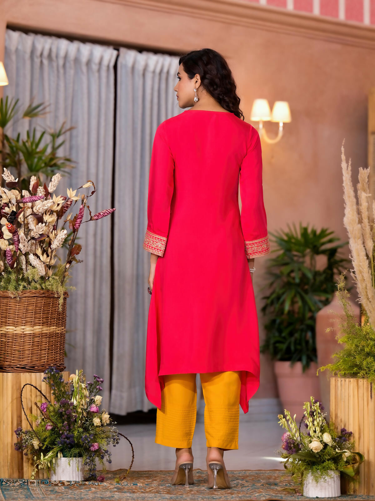 Juniper Women's Fuchsia Zari Embroidered Viscose Kurta & Pant Set With Sequins