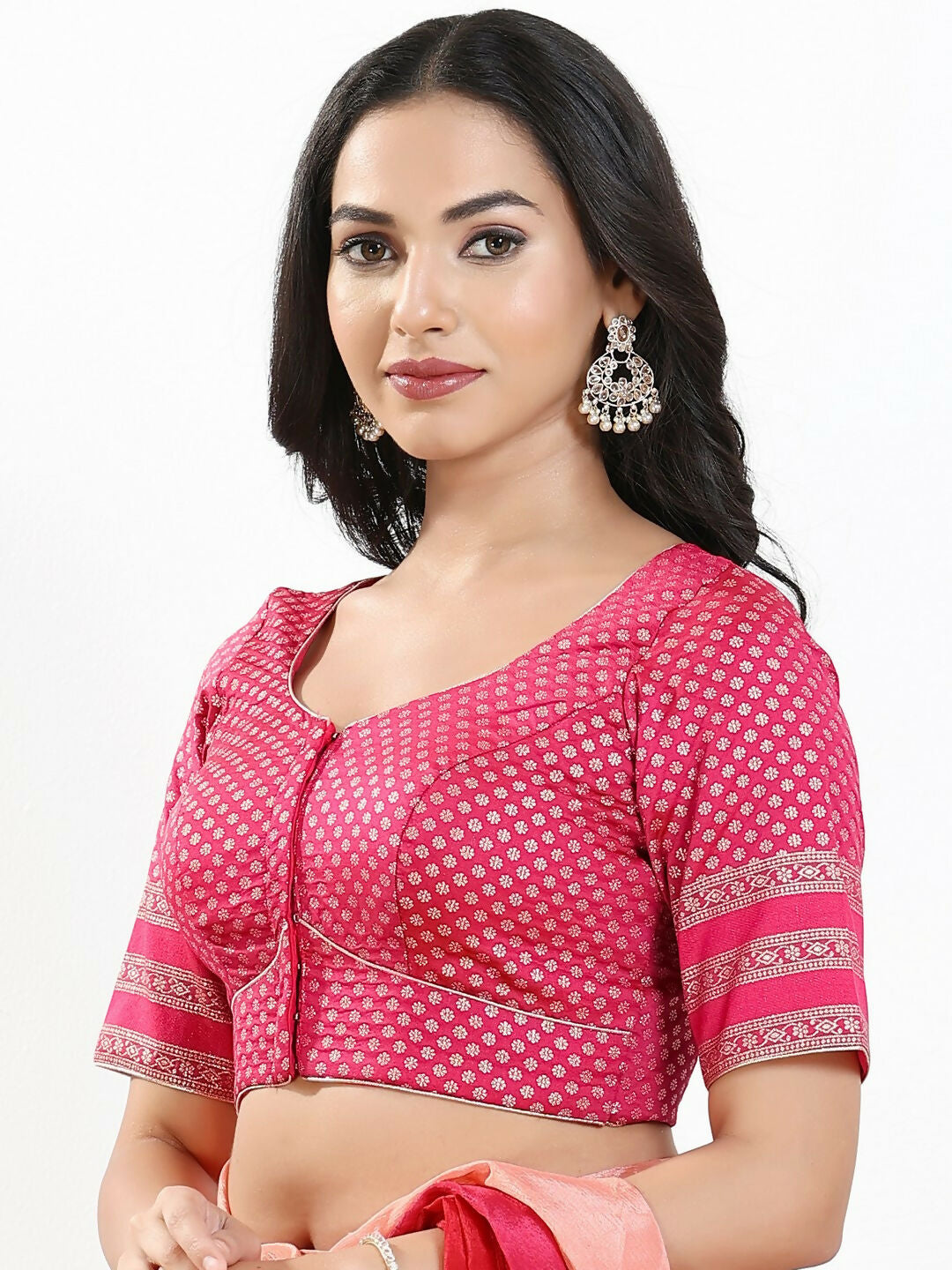 Joban Fashion South Pink Brocade Padded Blouse With Round Neck Elbow Sleeves