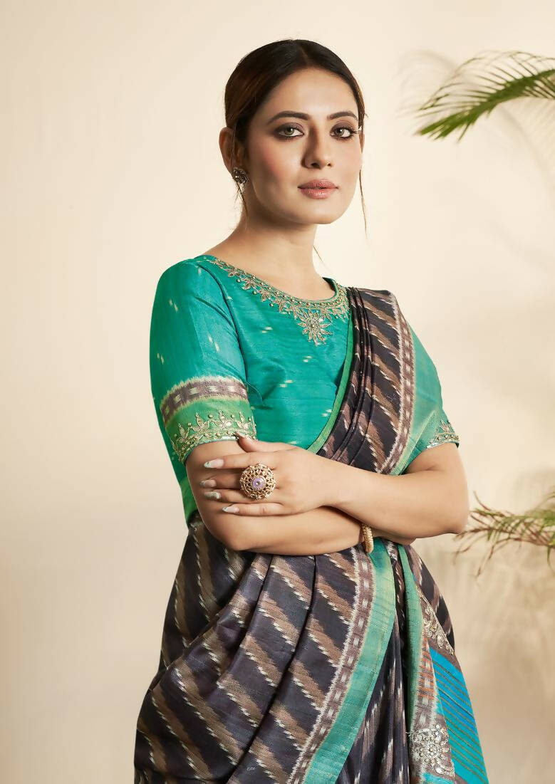 Navy Blue Bhagalpuri Silk Stripe printed with Stone Work & Hand Work Saree - Norita Nirvi