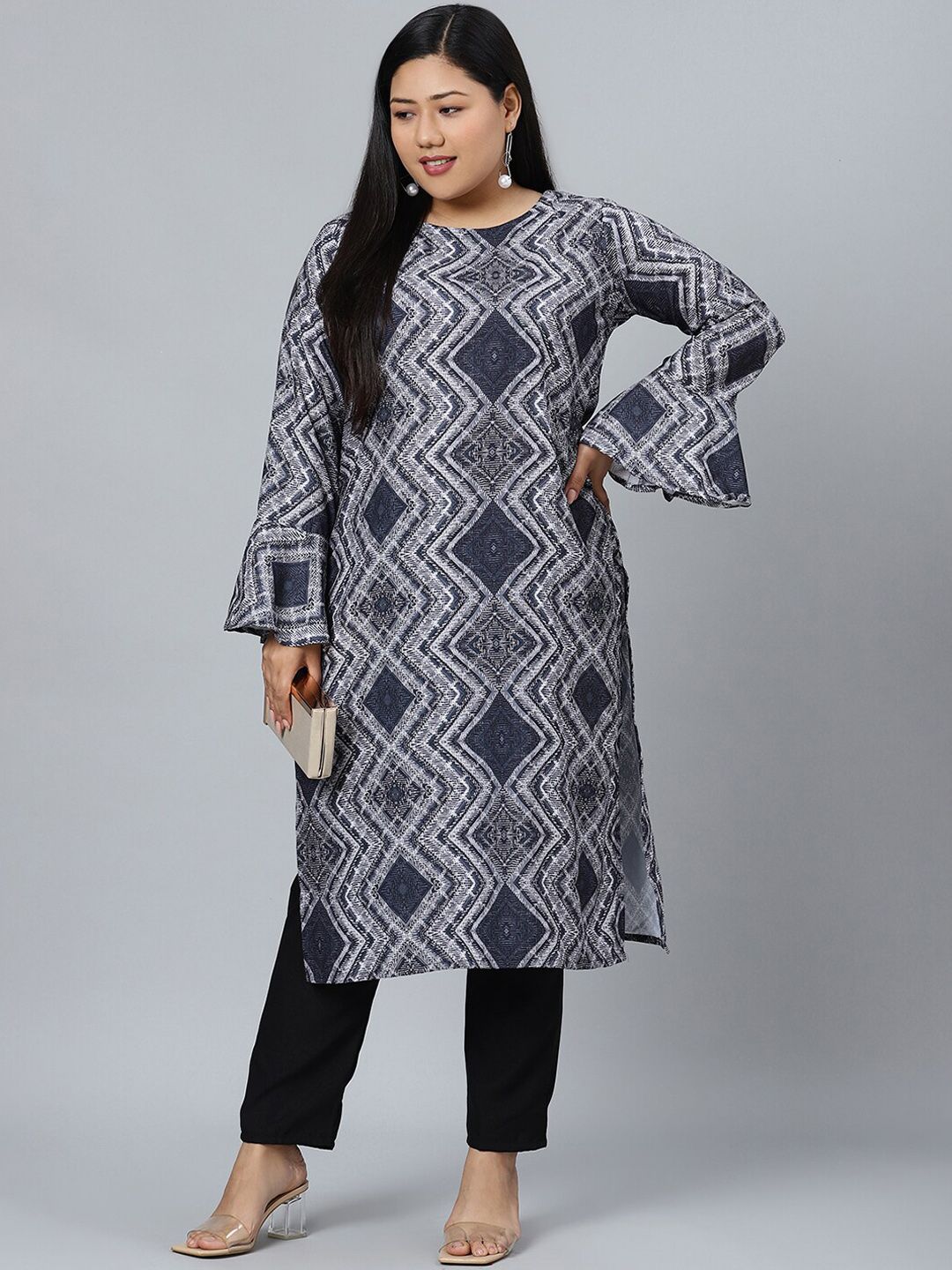 Sztori Geometric Printed Round Neck Straight Kurta with Pant