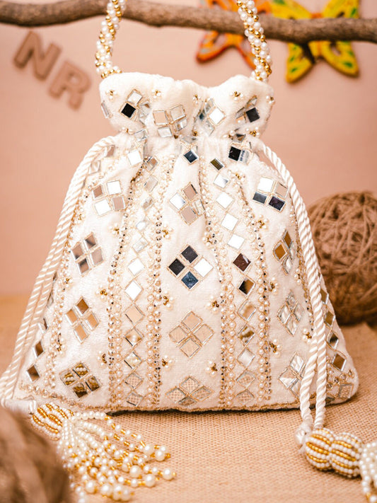 NR By Nidhi Rathi White Mirror Work Embroidered Potli Clutch - Grab2buy