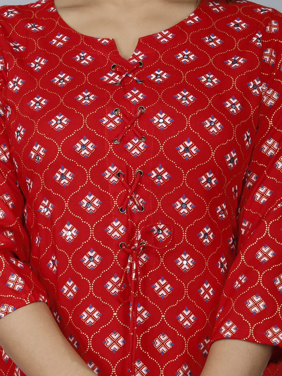 HERE&NOW Women Red Ethnic Motifs Printed Mirror Work Kurta