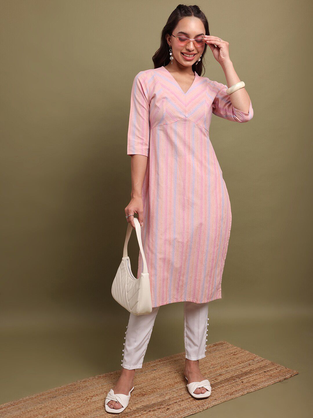 Vishudh Striped V-Neck Cotton Kurta | Grab2Buy