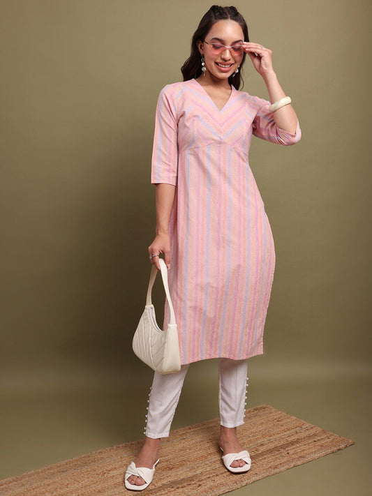 Vishudh Striped V-Neck Cotton Kurta | Grab2Buy