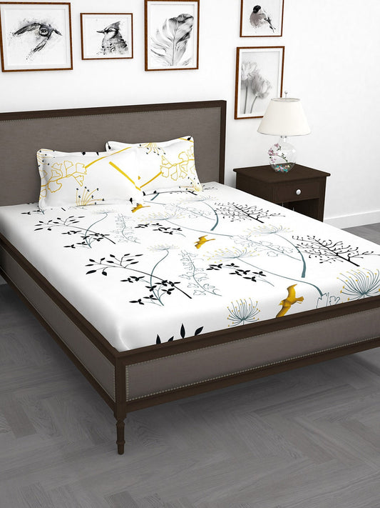 Story@home White & Blue Floral King Bedsheet with 2 Pillow Covers 