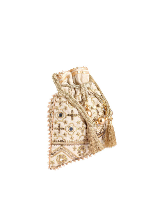 Masq Beige Embellished Embroidered Potli Clutch - Grab2buy