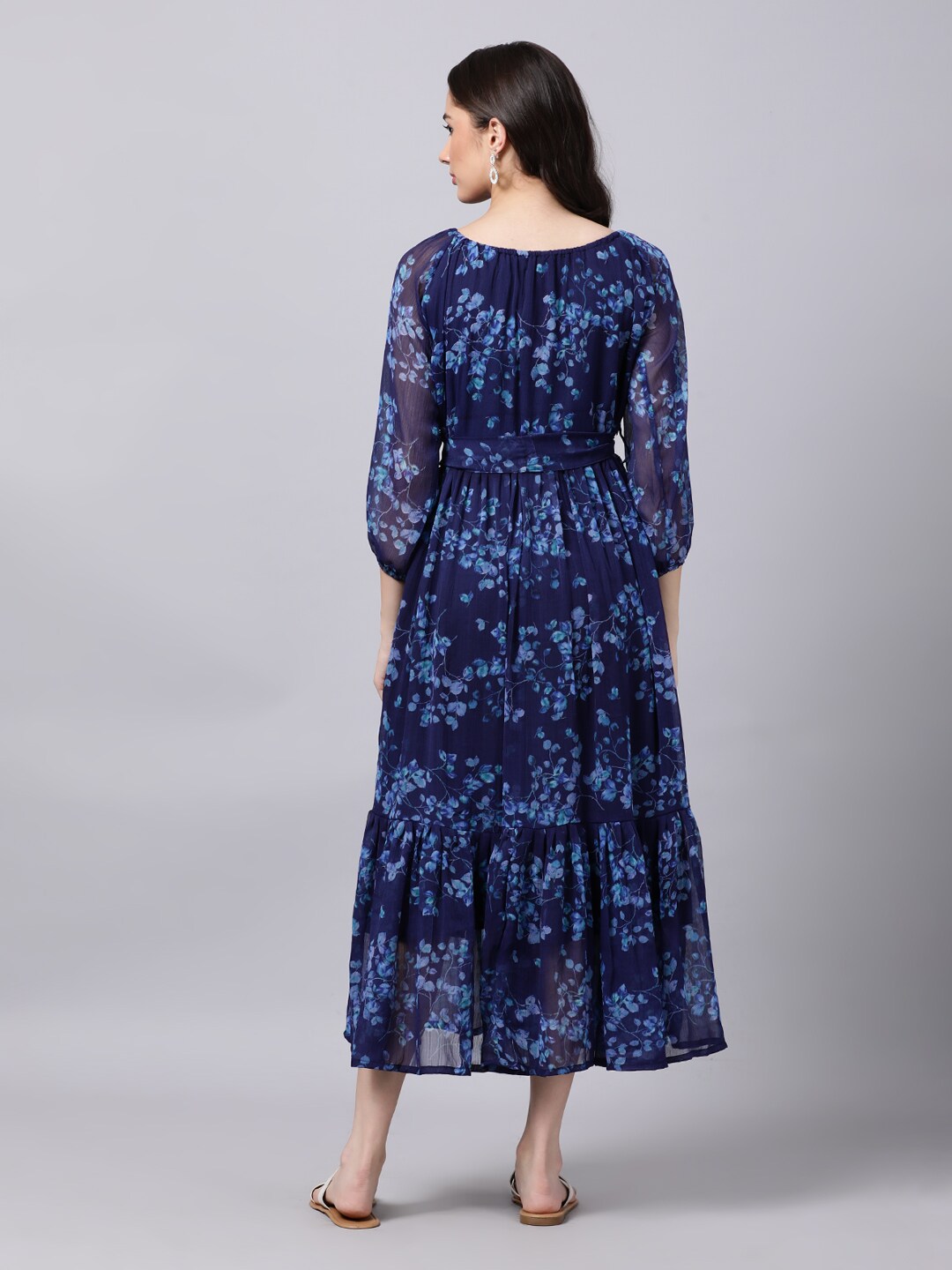 Souchii Navy Blue Floral Layered Chiffon A-Line Midi Dress 