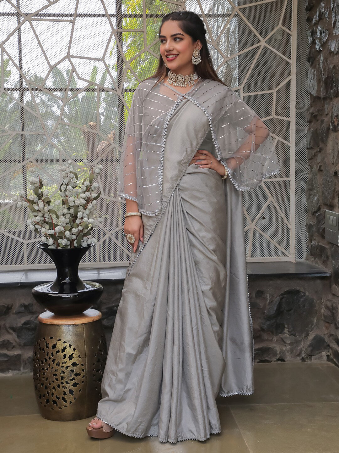 Tikhi Imli Embellished Border Sequinned Grab2Buy With Cape 