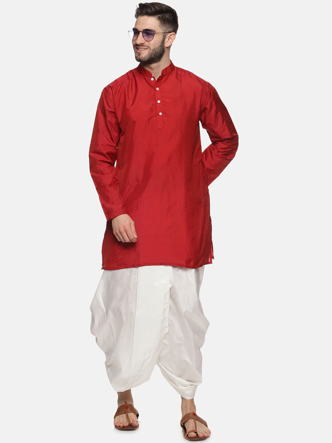Sethukrishna Men Maroon Kurta with Dhoti Pants