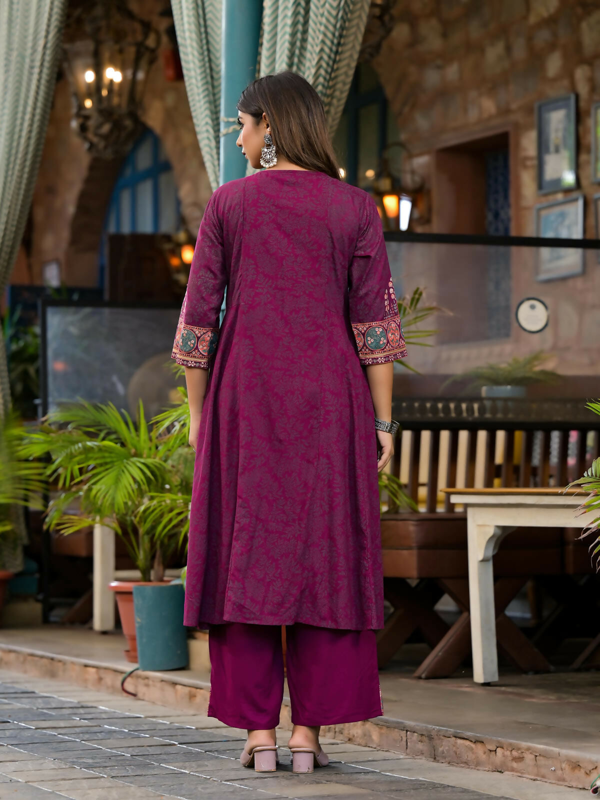 Juniper Women's Plum Floral Printed Liva Rayon Kurta Pant And Dupatta Set With Thread Work Gota Patti & Beads