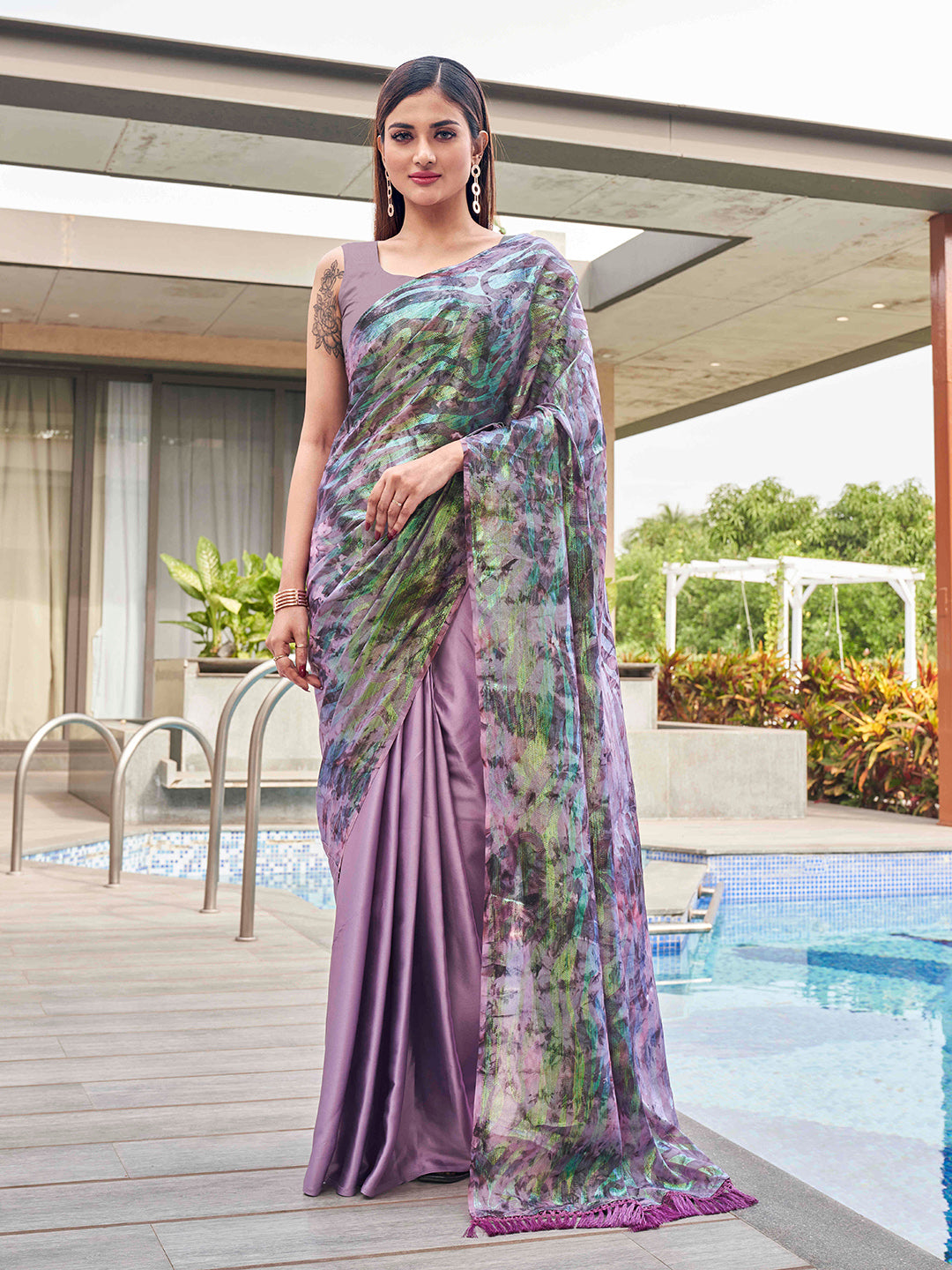 Tikhi Imli Mauve Abstract Printed Satin Half and Half Grab2Buy 