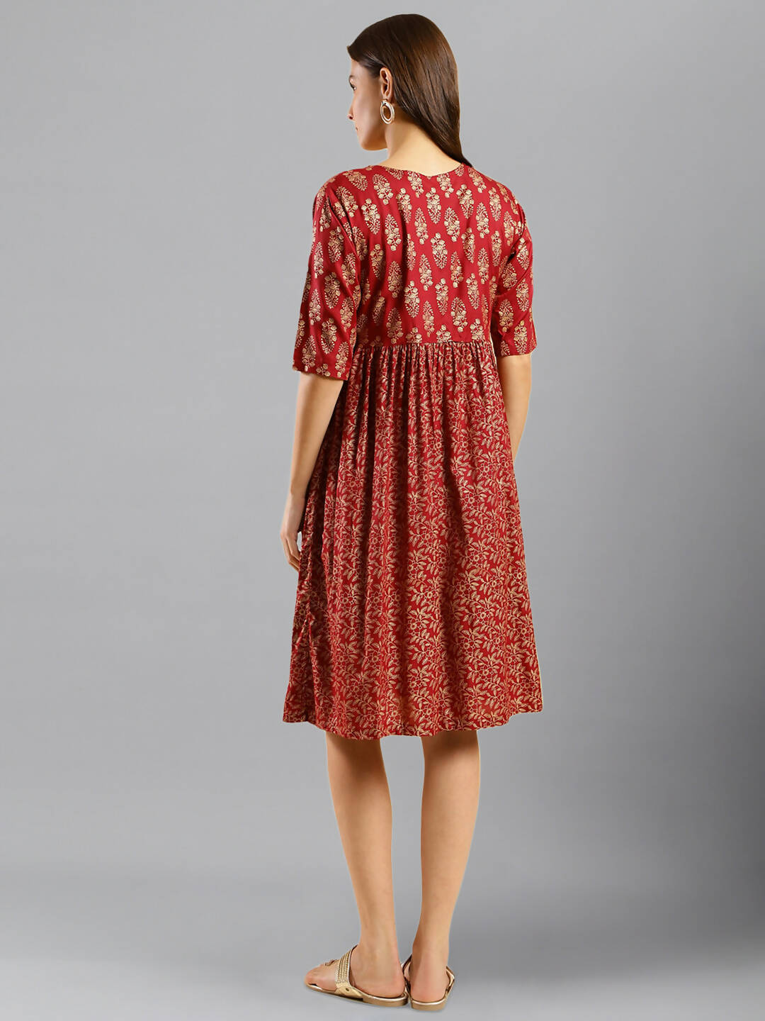 Red Cotton Ethnic Motifs Aline Dress - Poonam