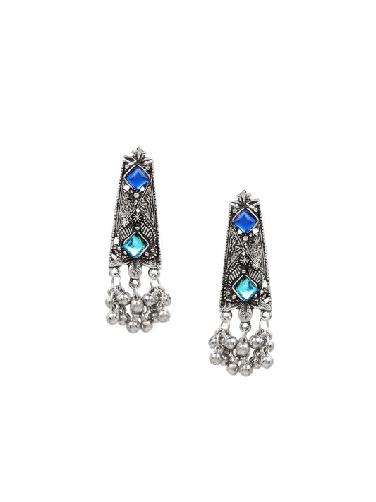 Cardinal Oxidised Silver-Toned & Blue Stones-Studded & Beaded Jewellery Set - Grab2buy