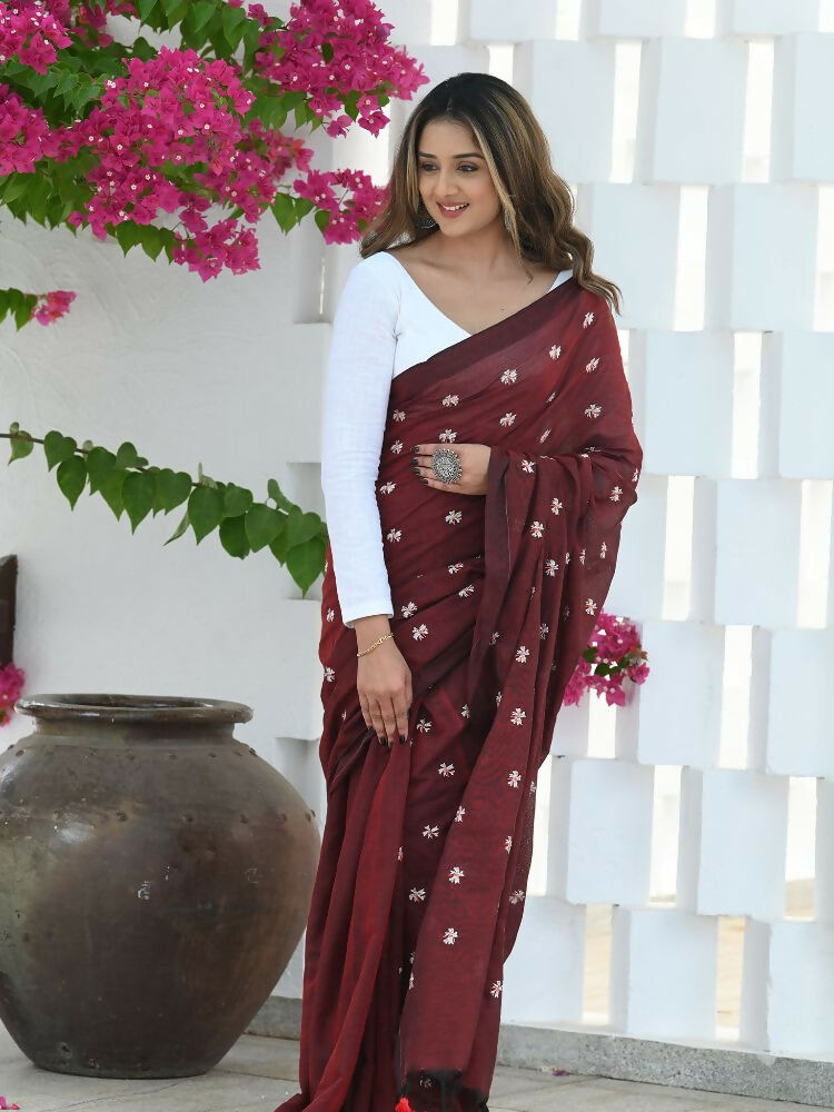Beatitude Maroon Khadi Floral Embroidered Saree