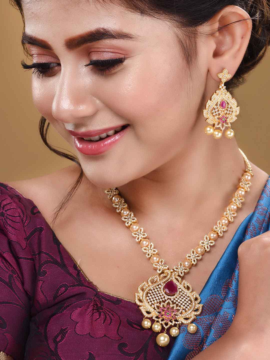 Saraf RS Jewellery Gold-Plated White & Pink American Diamond Studded & Beaded Handcrafted Jewellery Set - Grab2buy