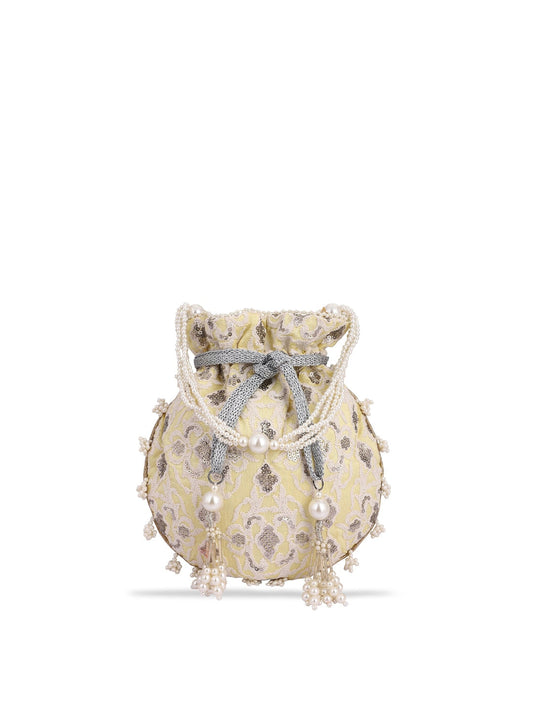 Masq Women Yellow & Grey Embellished Embroidered Potli Clutch - Grab2buy