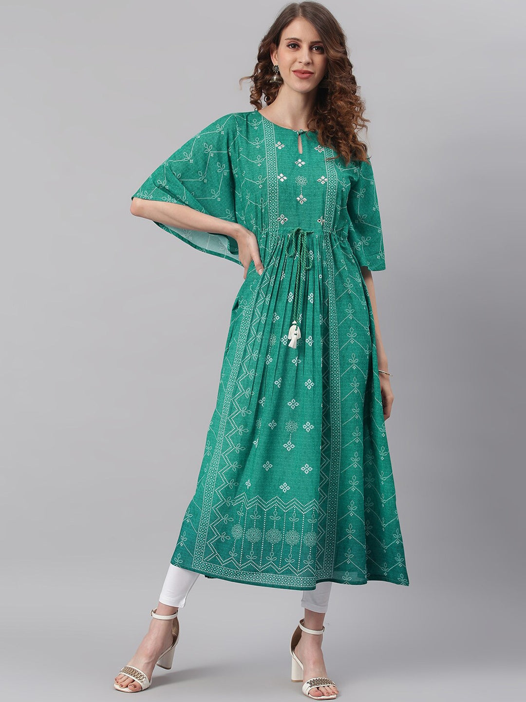 Janasya Women Green Ethnic Motifs Printed Keyhole Neck Flared Sleeves Georgette Kaftan Kurta