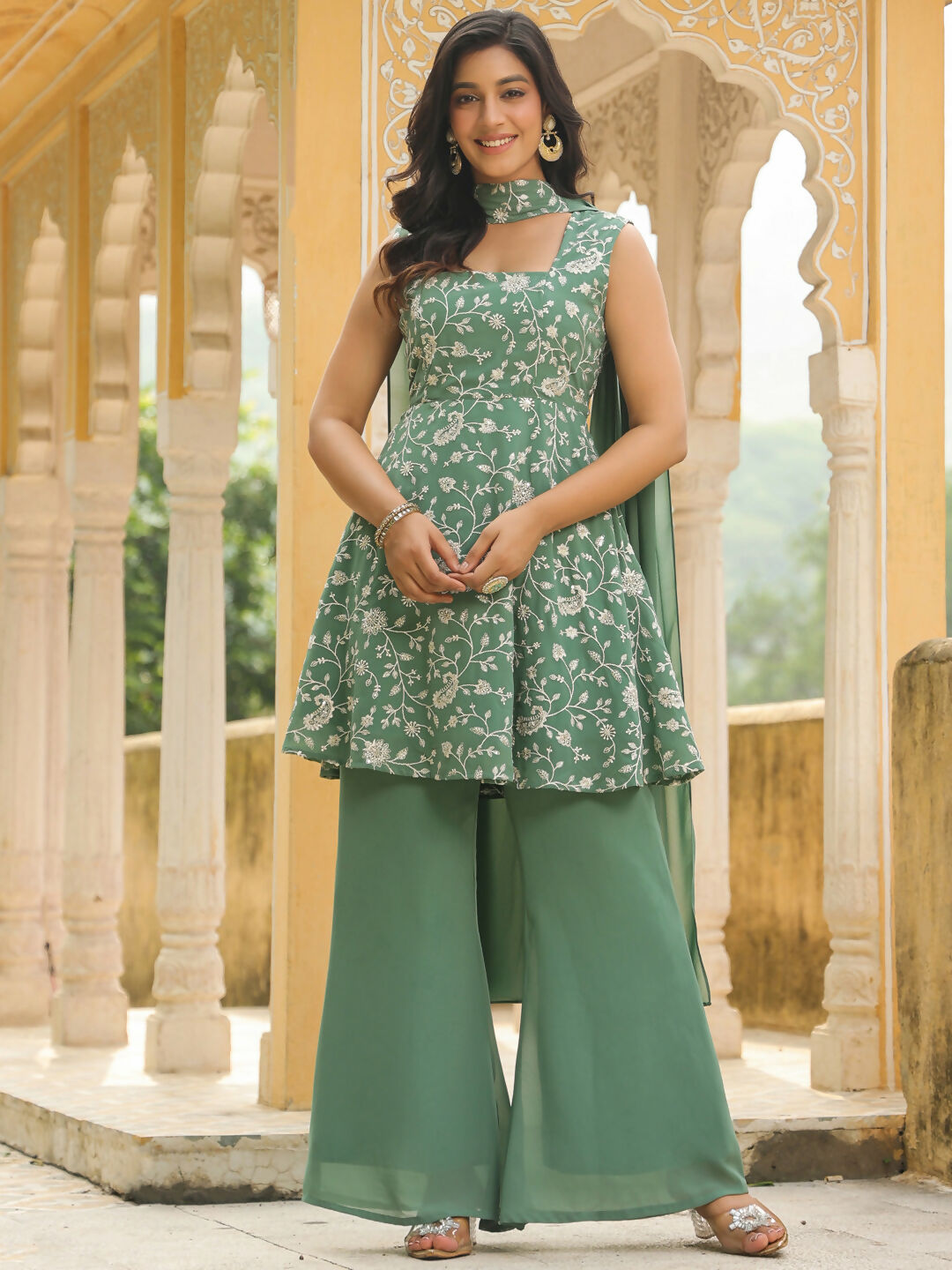 Janasya Sage Green Georgette Embroidered Kurta,Bottom & Dupatta 