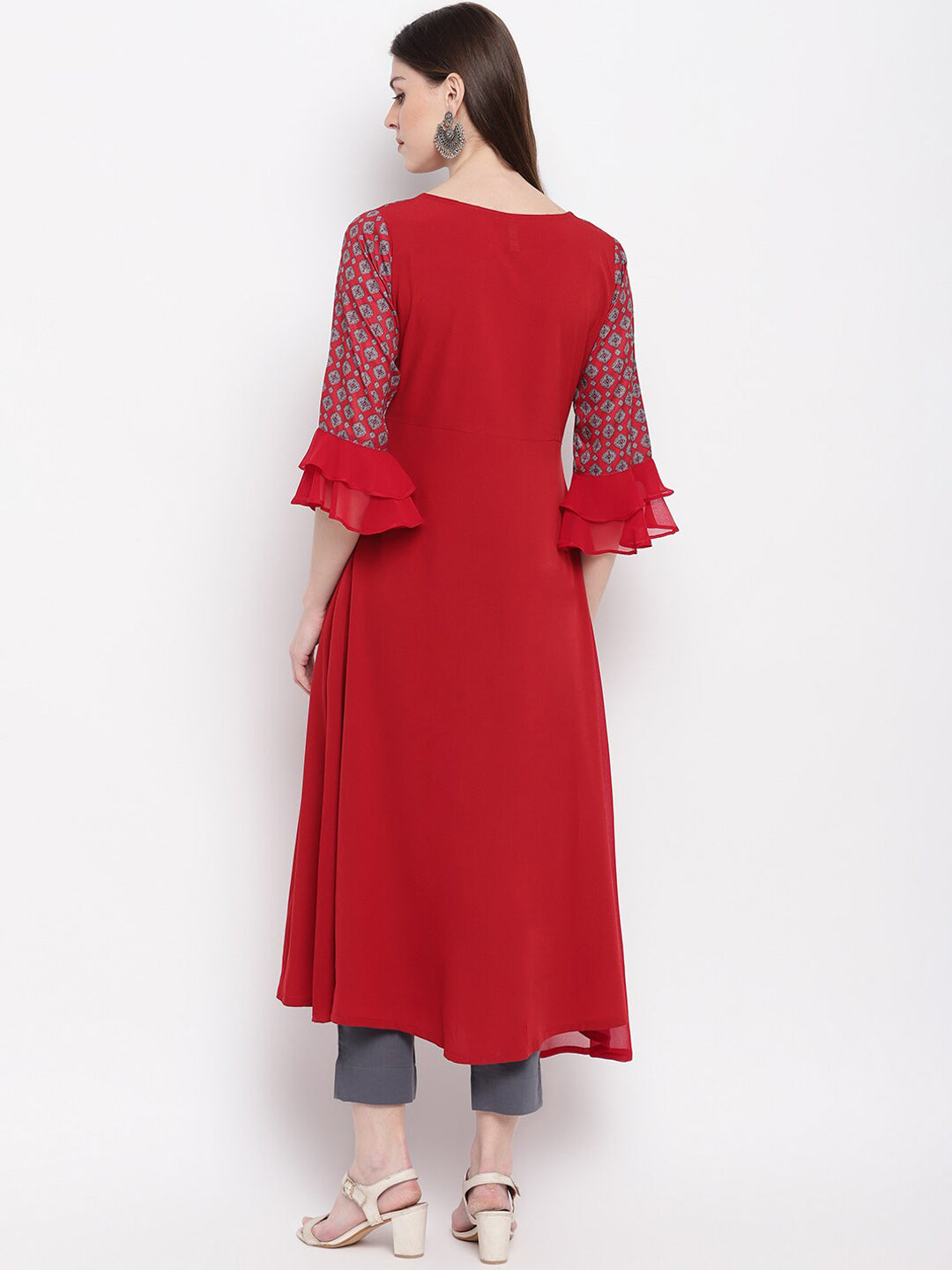 Janasya Women Maroon & White Yoke Design A-Line Kurta