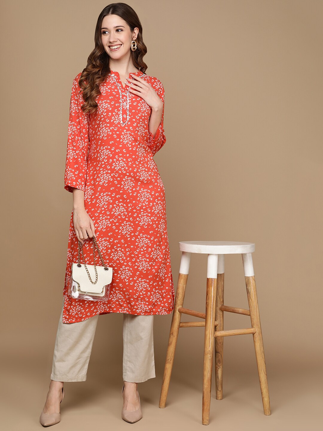 HERE&NOW Rust Orange & White Floral Printed Straight Kurta