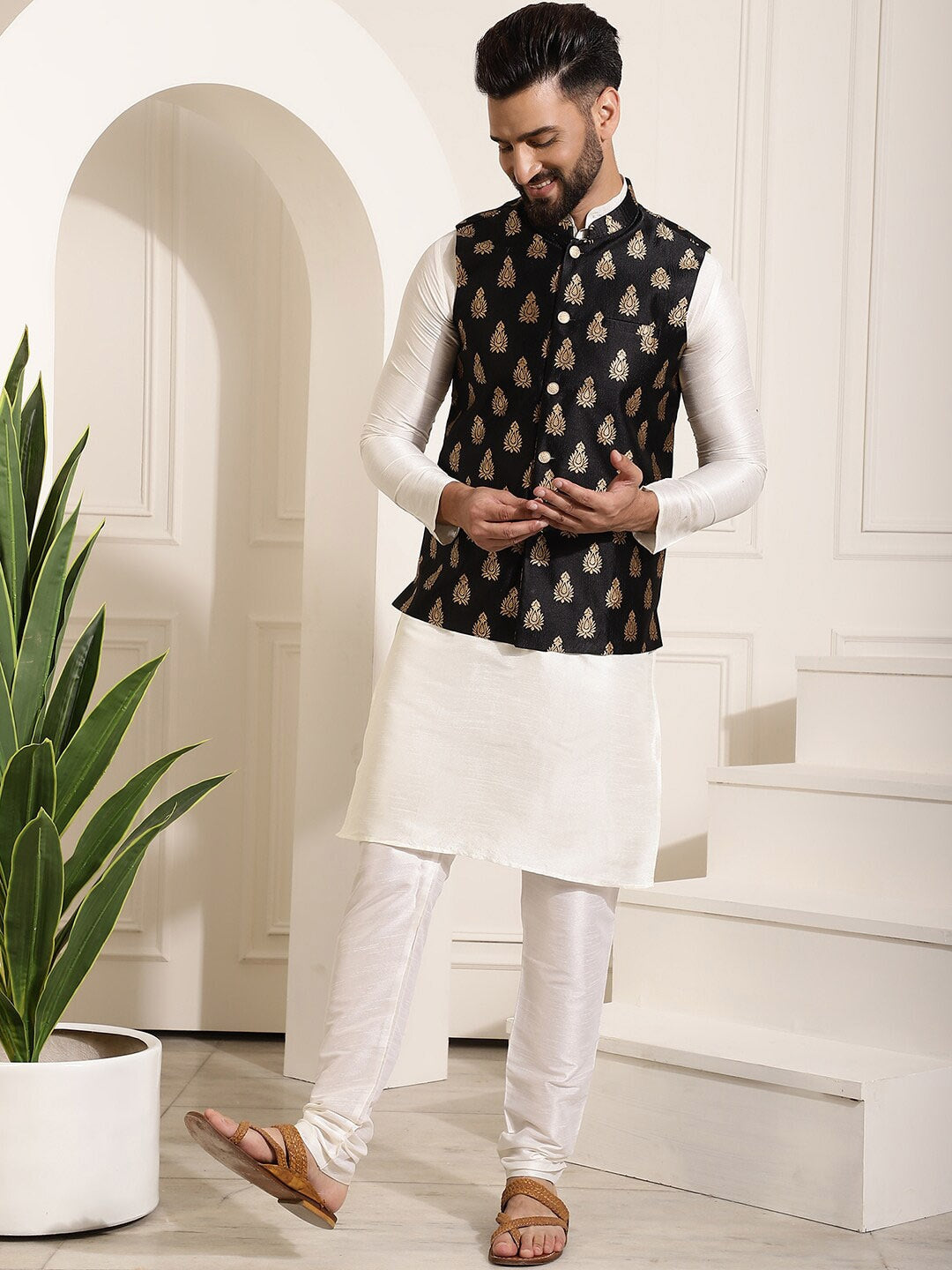 Sojanya Band Collar Straight Kurta & Churidar with Nehru jacket 