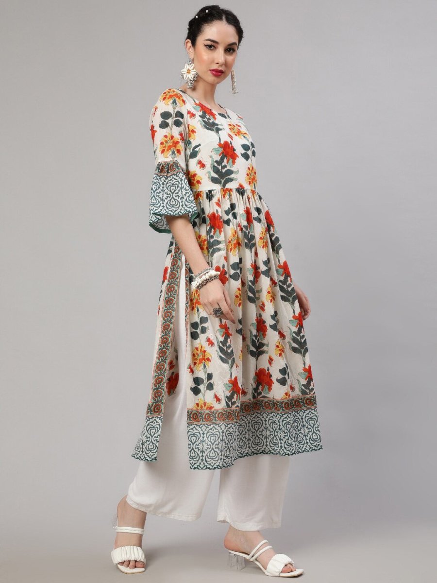 Aks Floral Printed Bell Sleeves Pleated Cotton A-Line Kurta