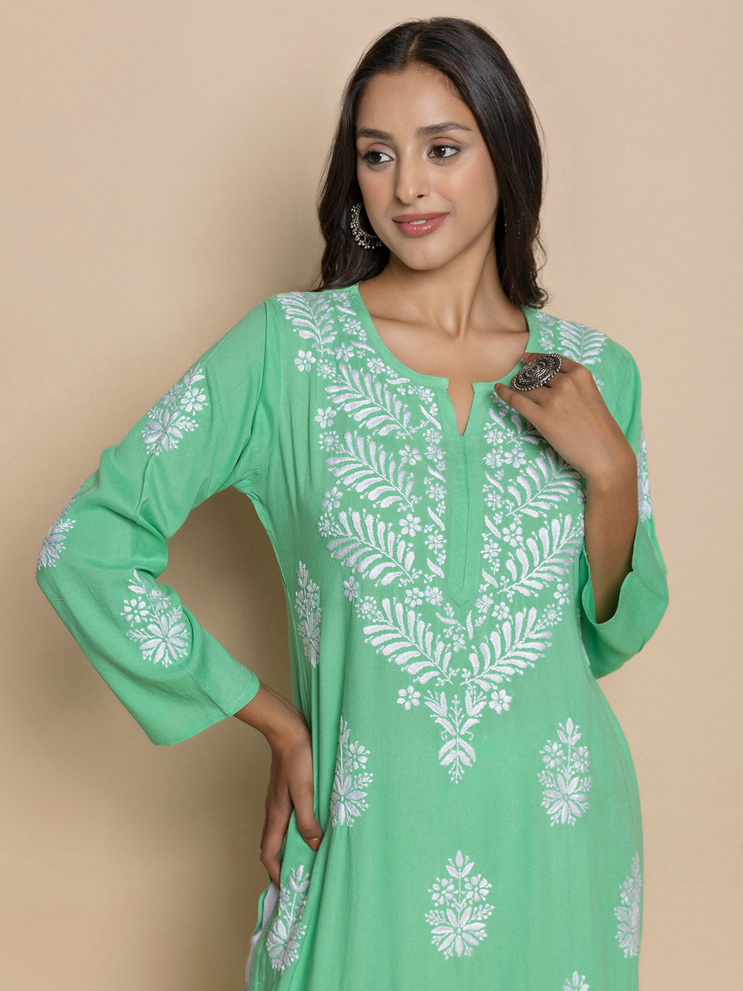 HOUSE OF KARI Floral Embroidered Chikankari A-Line Kurta 