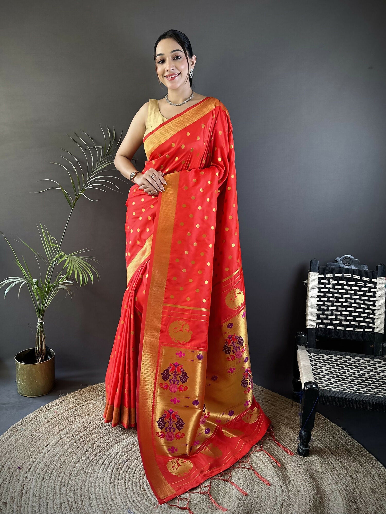 Joban Fashion Red Polka Dot Lichi Silk Paithani Silk Saree