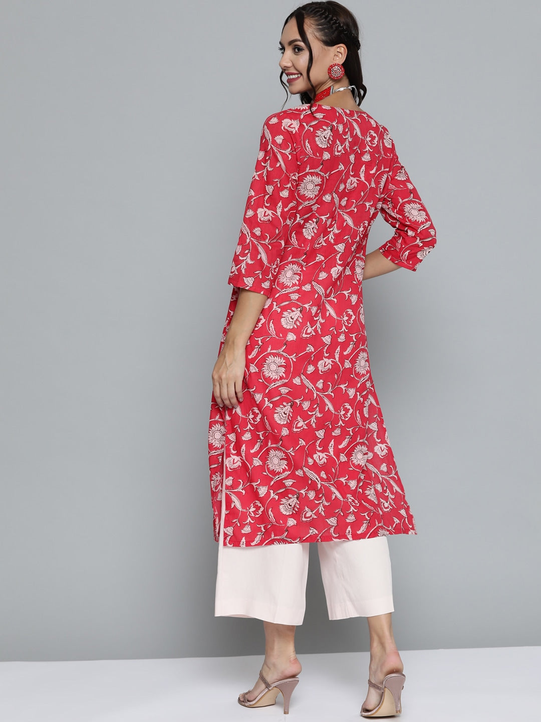 HERE&NOW Women Pink & Off White Pure Cotton Ethnic Motifs Printed Straight Kurta
