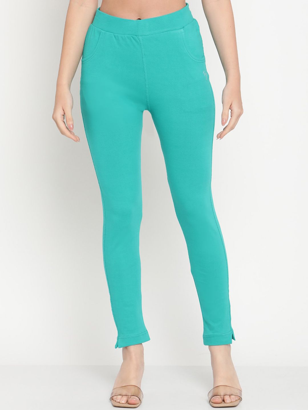 TAG 7 Women Turquoise Blue & Beige Ankle-Length Leggings Pack of 2