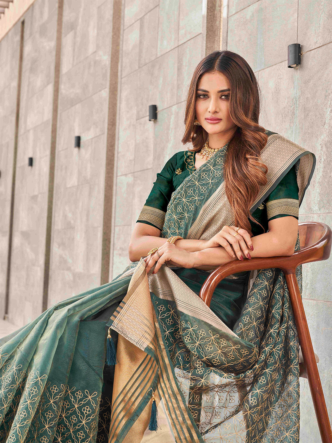 Tikhi Imli Olive Floral Embroidered Zari Organza Grab2Buy 