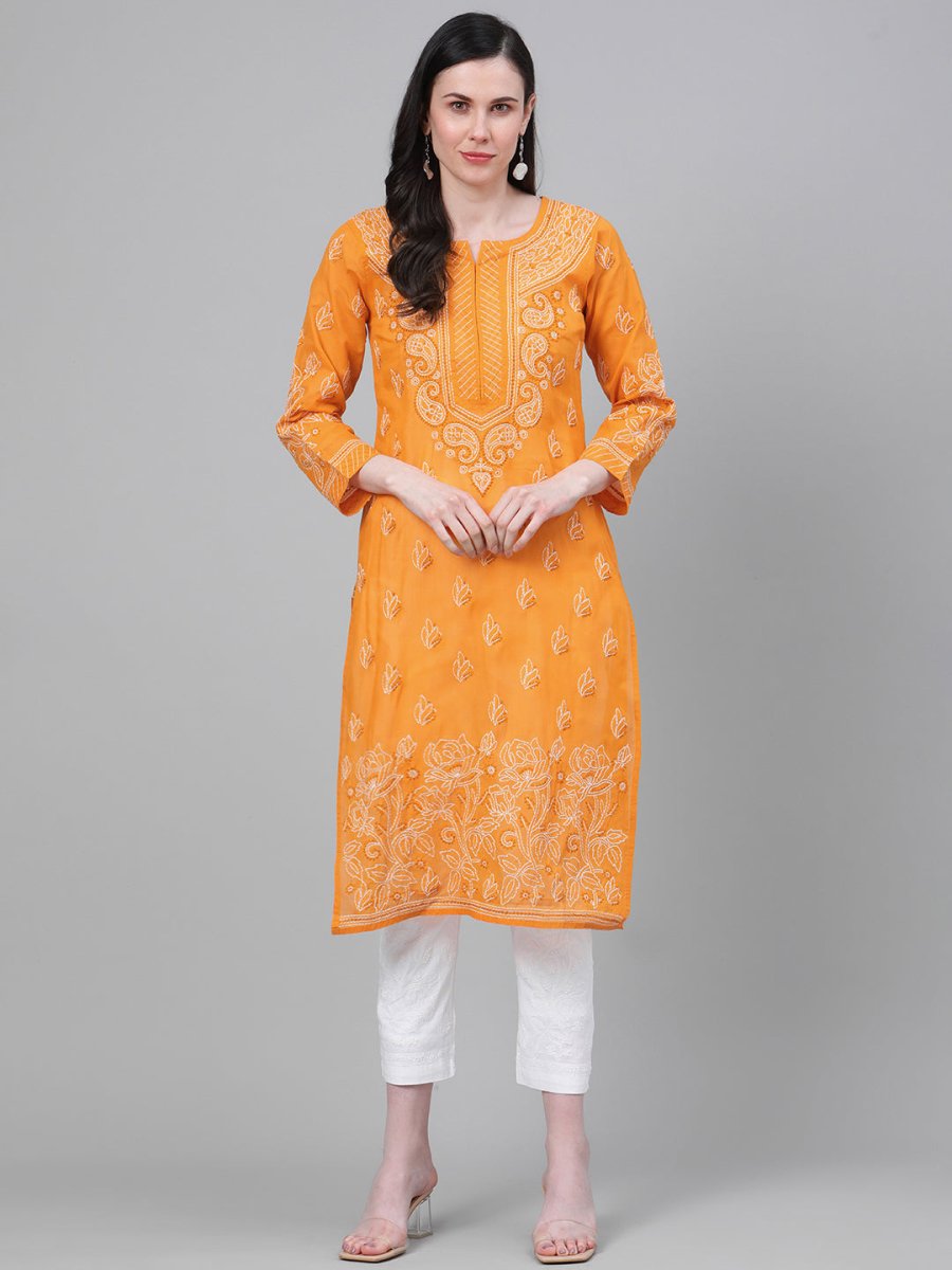ADA Women Mustard Yellow & White Chikankari Embroidered Cotton Sustainable Handloom Kurta with Palazzos 