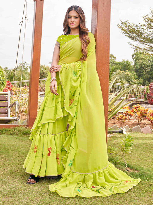 Tikhi Imli Printed Ruffle Grab2Buy With Mirror Embroidered Work Blouse 