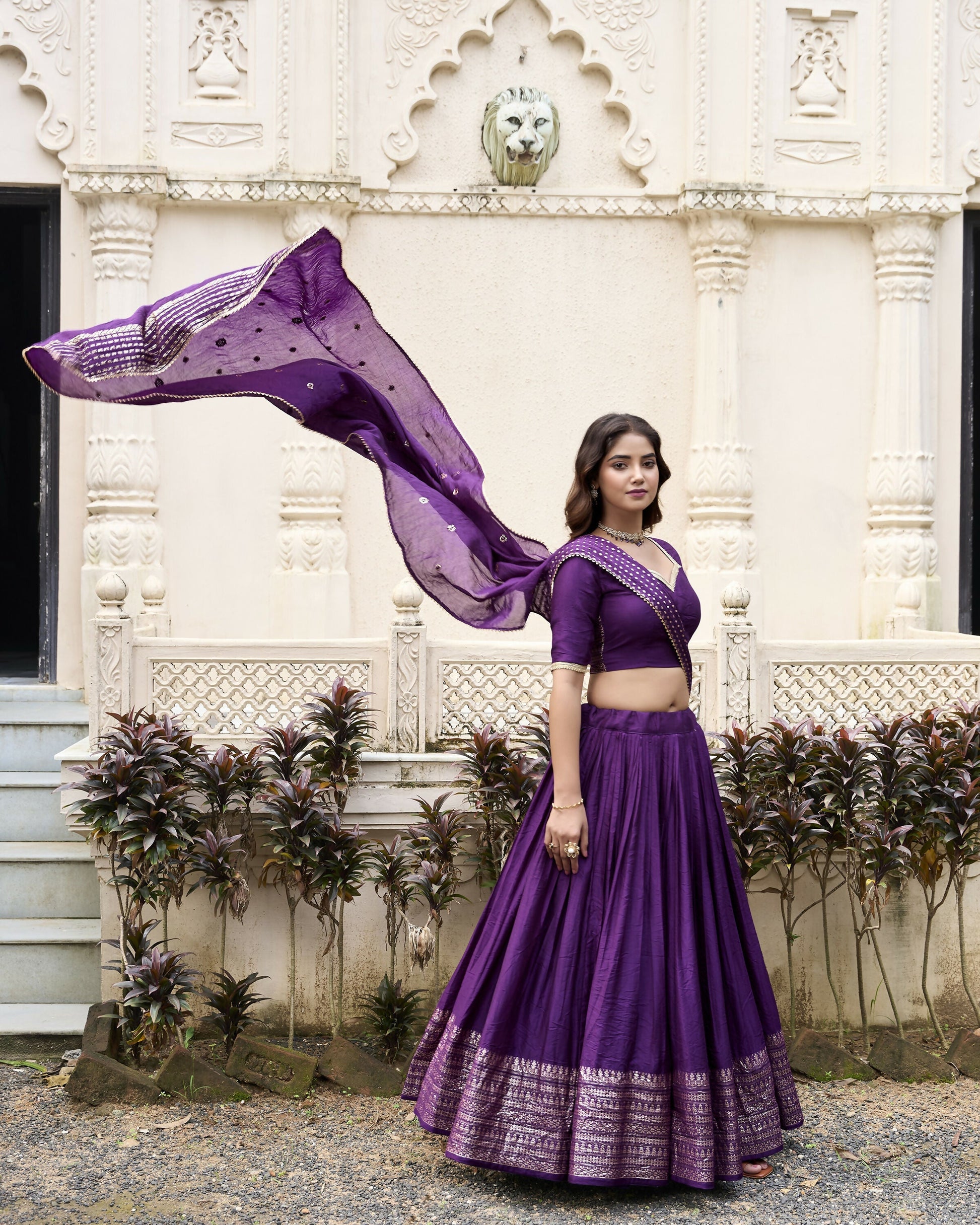 Lorenvalley Purple Pure Chanderi Plain With Zari Weaving Work Border Lehenga Choli 
