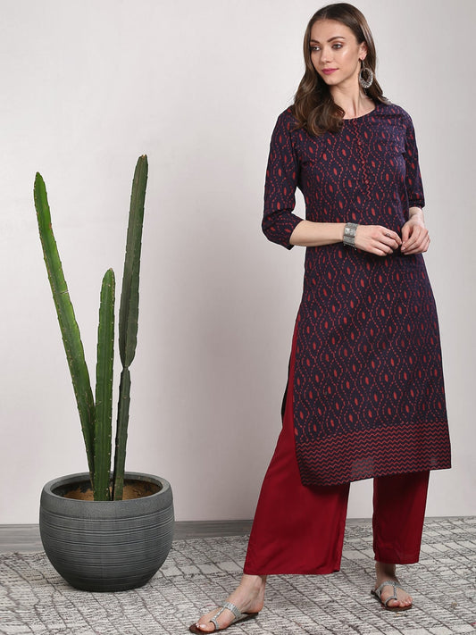 Sangria Women Blue Geometric Printed Straight Kurta - Grab2buy