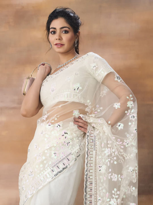 kasee Floral Embroidered Net Saree
