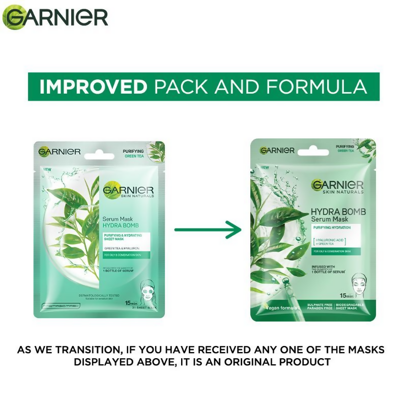 Garnier Skin Naturals Hydra Bomb Green Tea Face Serum Sheet Mask 