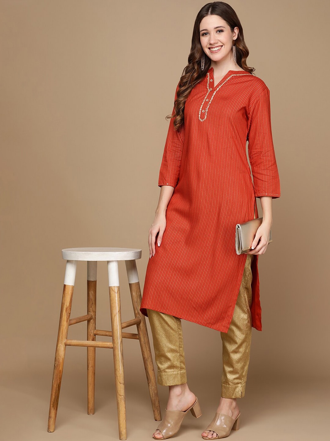 HERE&NOW Orange & Gold-Toned Mandarin Collar Striped Sequined Straight Kurta
