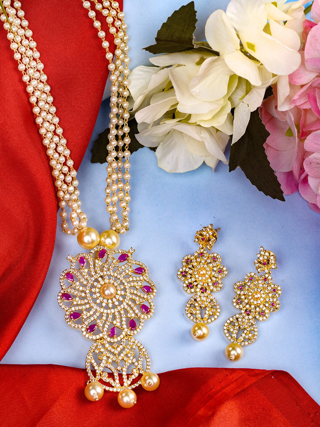 Saraf RS Jewellery Gold-Plated White & Pink American Diamond Studded & Beaded Handcrafted Set - Grab2buy