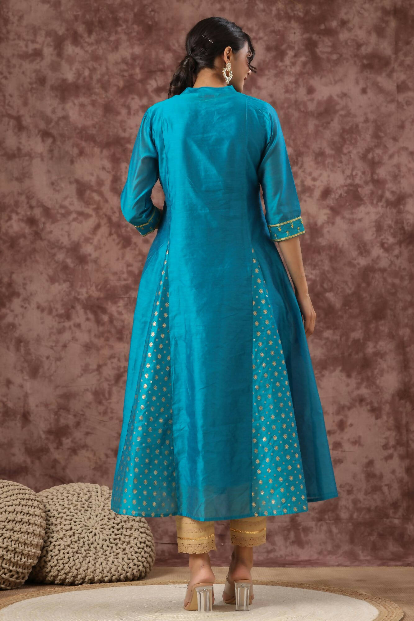 Juniper Women Teal Chanderi Silk Embroidered & Printed Anarkali Kurta