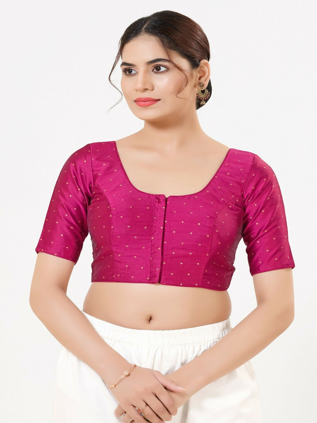 Joban Fashion Magenta Taffeta Silk Elbow Sleeveless Front Open Blouse