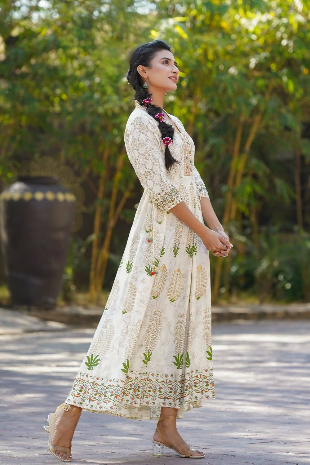 Juniper Womens Ivory Rayon Foil Printed Circular Maxi Dress With Mirror Embroidery