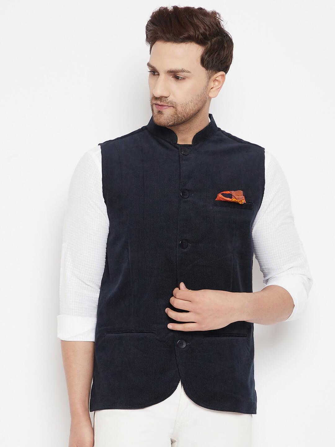 Even Apparels Navy Polyester Men's Nehru Jacket-Contrast Lining-Inbuilt Pocket Square 