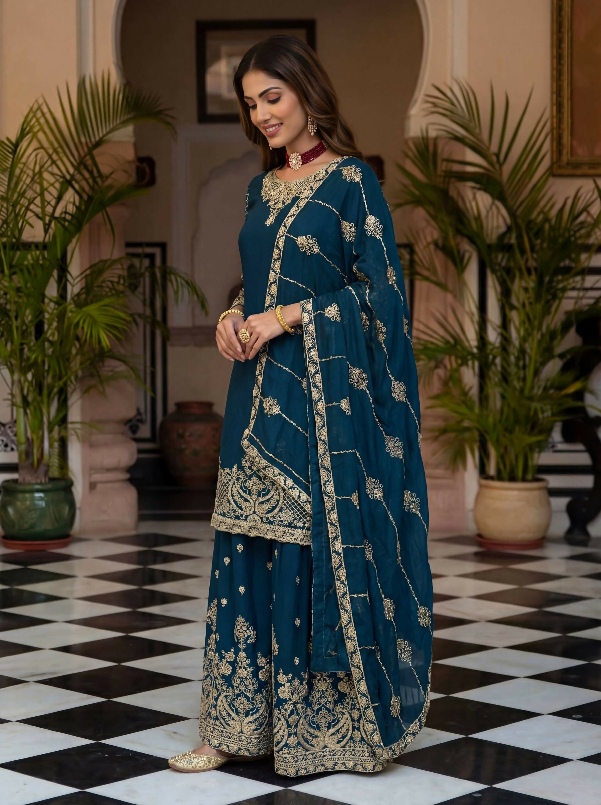 Teeya Creation New Trendy Traditional Wear Sharara with Heavy Border Dupatta Set - Teal