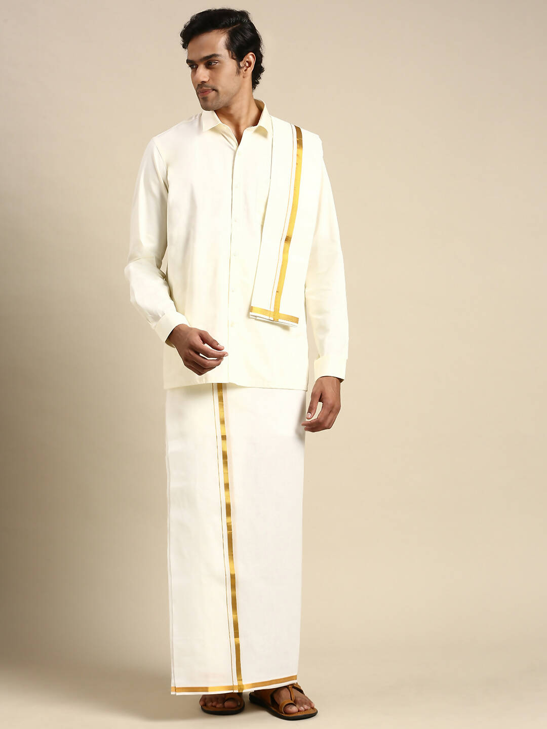 Ramraj Cotton Premium Wedding Cream Regular Dhoti, Shirt & Towel Set Golden Reward