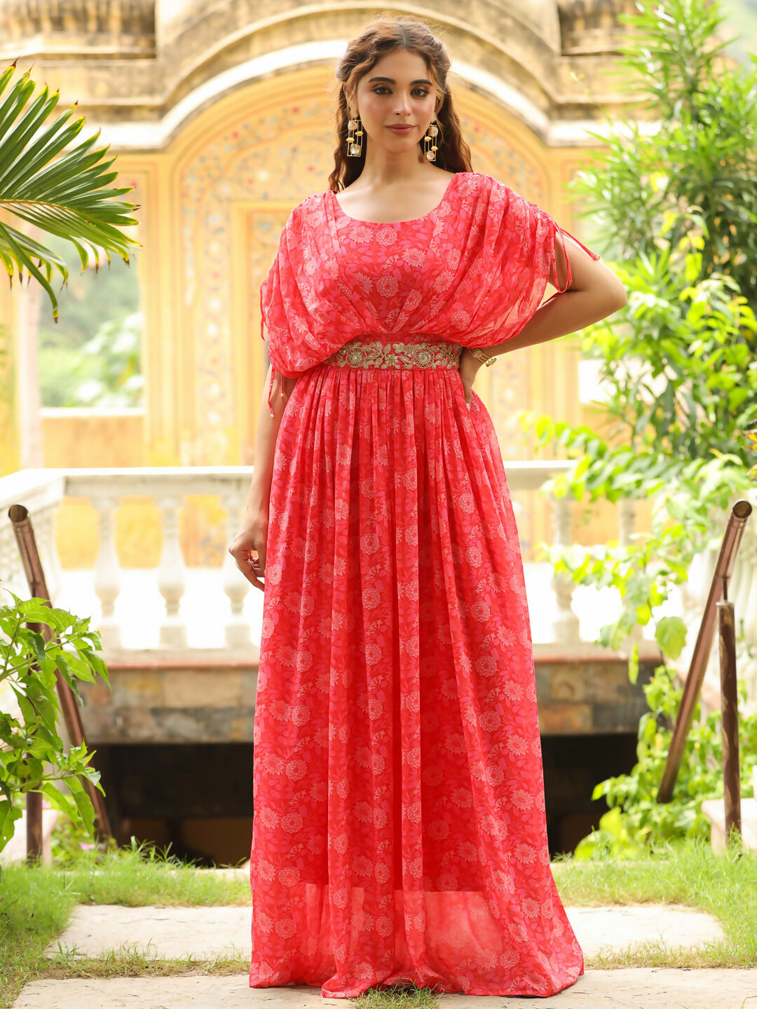Janasya Pink Georgette Floral Gown 