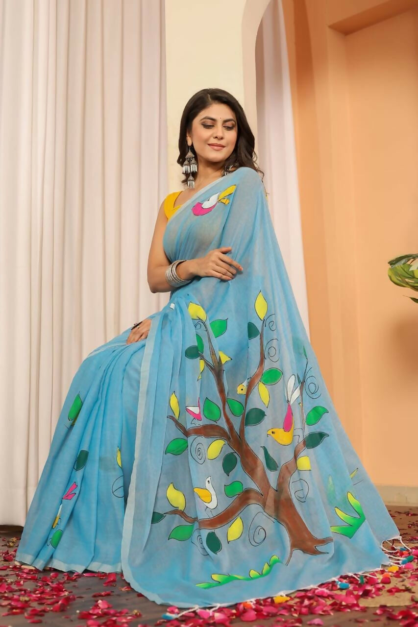 Exclusive Collection Beautiful Light Sky Pure Cotton Hand Print Handloom Grab2Buy With Running Blouse Piece 