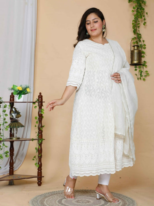 Miravan Women's Plus Size Beige Chikankari Thread Work Anarkali Kurta With Dupatta 