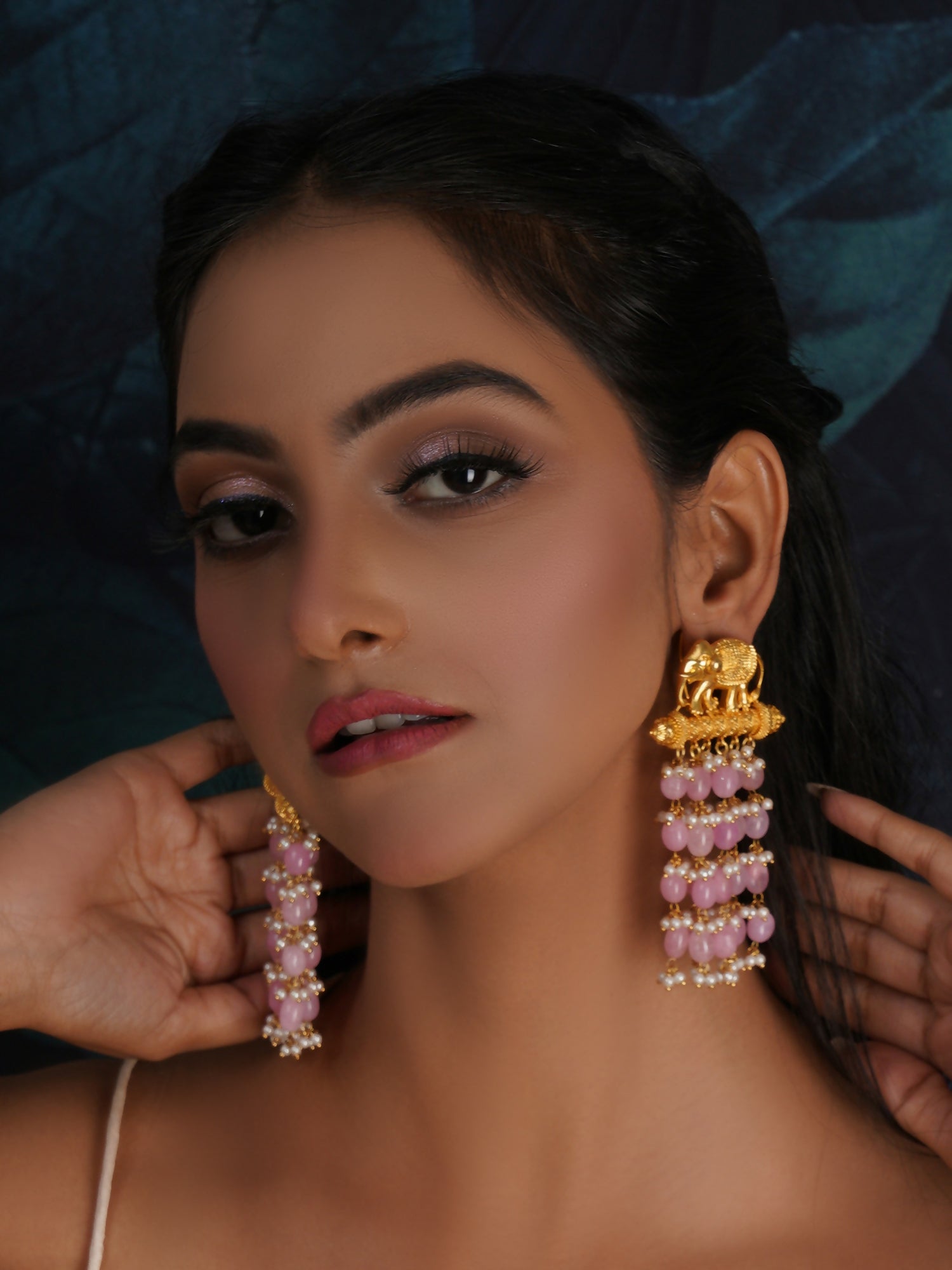 Long Layered Earrings with Elephant Motifs (Pink) - Ruby Raang - Grab2buy